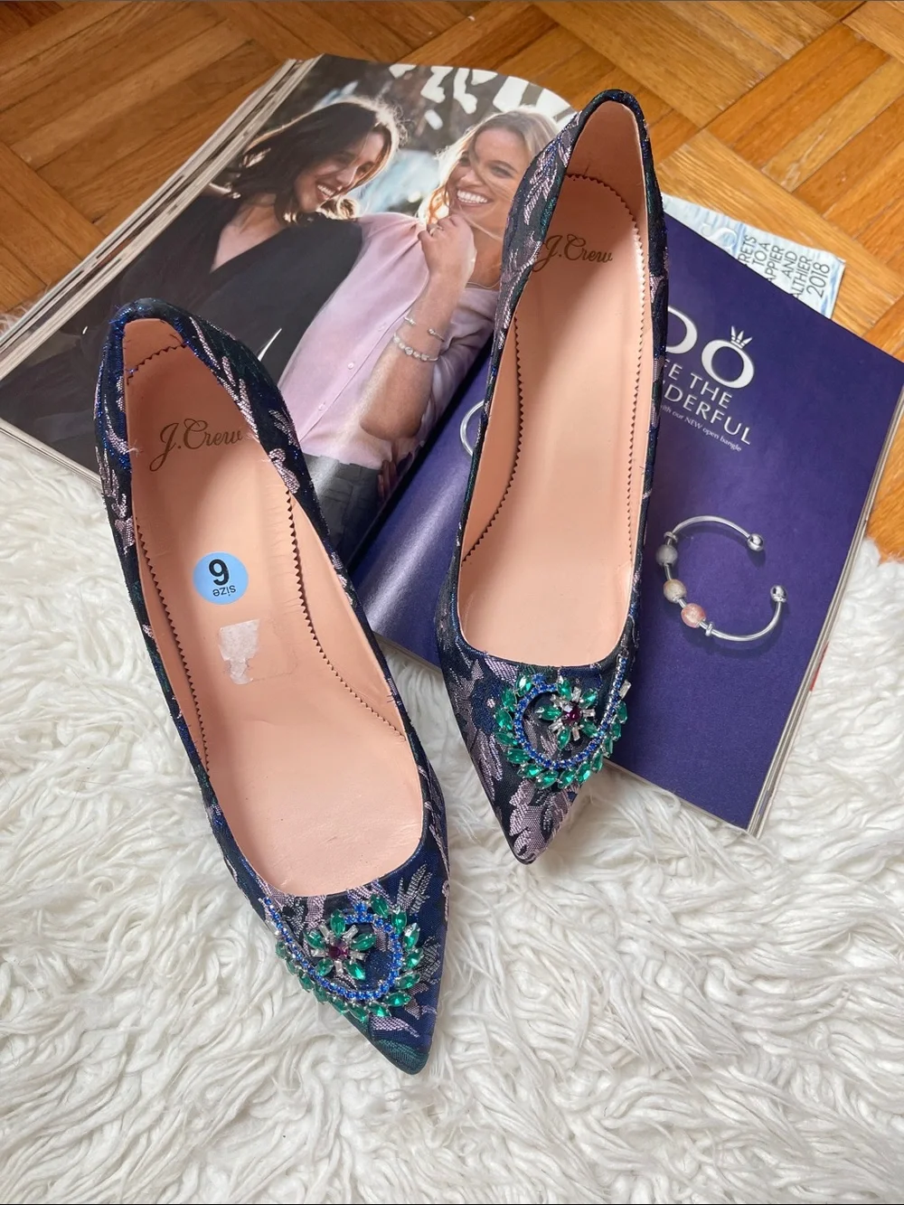 J. Crew Colette Jacquard Embellished Pumps Navy Floral Jacquard Pointed-T